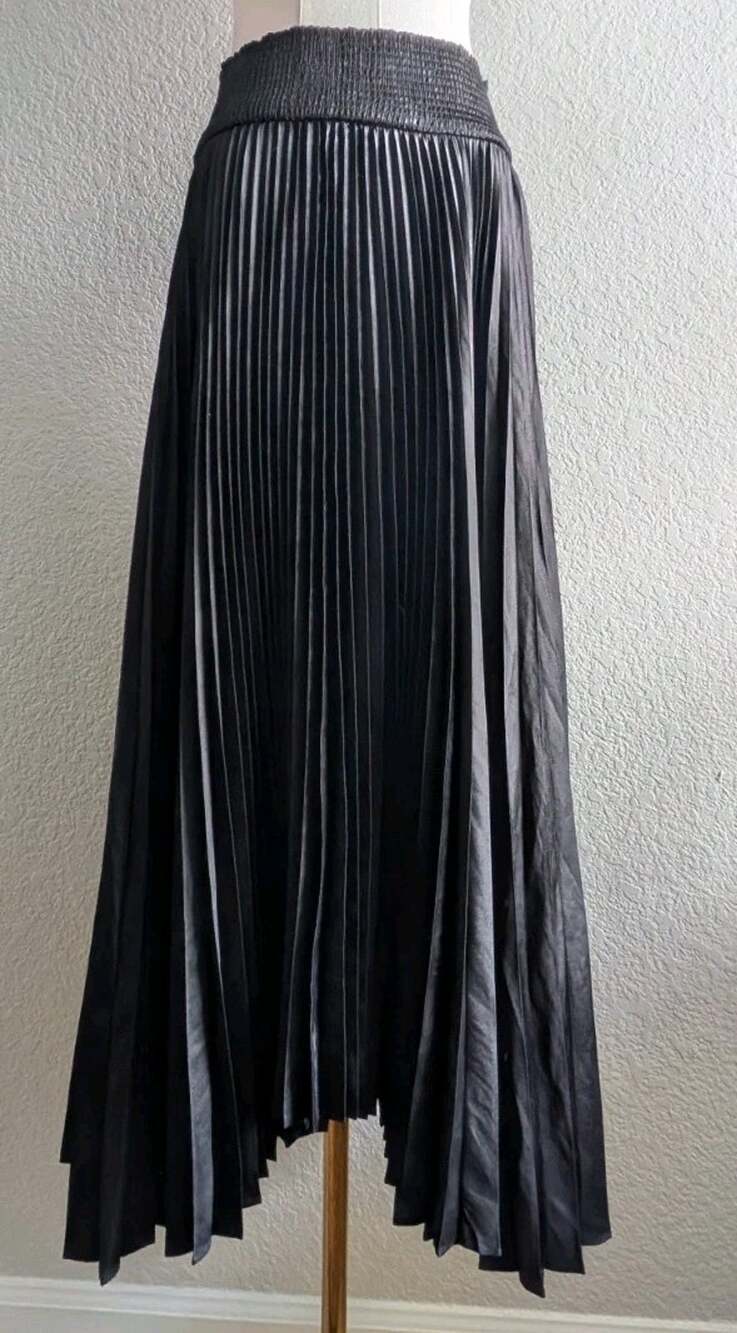 Ellie Tahari Black Accordion Pleated Midi Skirt Smocked Witch Goth Halloween L